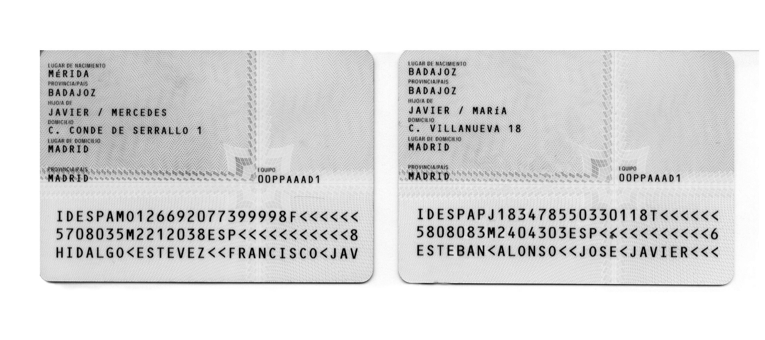 Reverso de los DNI falsos de Villarejo a nombre de Francisco Javier Hidalgo Estévez y José Javier Esteban Alonso. 