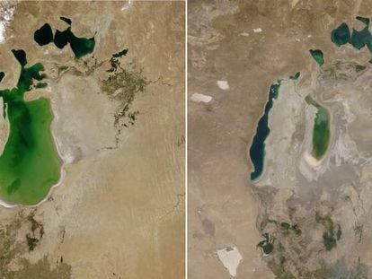 Imágenes tomadas por satélite del mar de Aral. A la izquierda en de agosto de 2000, a la derecha, en agosto de 2018.