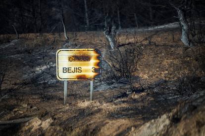 Carretera que une las localidades castellonenses de El Toro y Torás, con los alrededores calcinados debido al incendio forestal que se declaró en el término municipal de Bejís, en el interior de la provincia de Castellón.