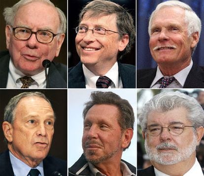 En la parte superior de izquierda a derecha Warren Buffet, Bill Gates y Ted Turner. En la parte inferior de izquierda a derecha Michael Bloomberg, Larry Ellison y George Lucas.