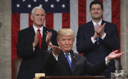 El presidente de EE UU, Donald Trump, durante su discurso sobre el estado de la Unión, junto al vicepresidente Mike Pence y al presidente de la Cámara de Representantes, Paul Ryan, el pasado 30 de enero en Washington.