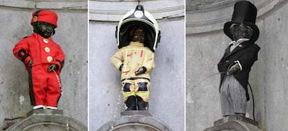 De izquierda a derecha, el Manneken Pis vestido como el personaje de cómic Spirou, bombero belga y con frac. 