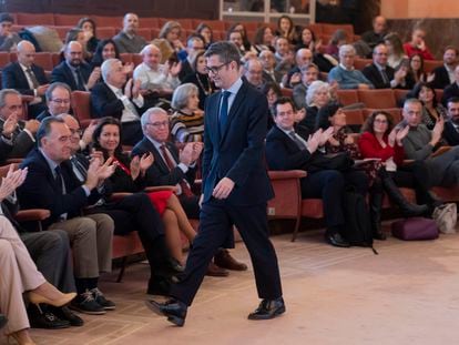 El ministro de la Presidencia, Relaciones con las Cortes y Justicia, Félix Bolaños, durante la clausura del acto del 30 aniversario de la Agencia de Protección de Datos, en el salón de actos del CSIC, este jueves en Madrid.