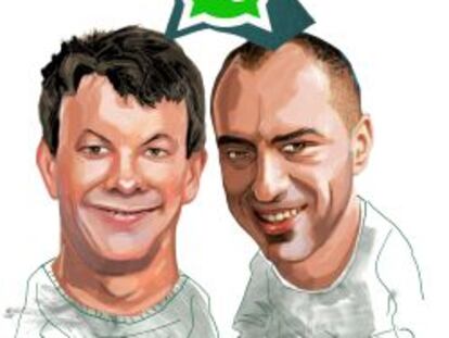 Caricatura de Brian Acton (izquierda) y Jan Koum (derecha), fundadores de WhatsApp.