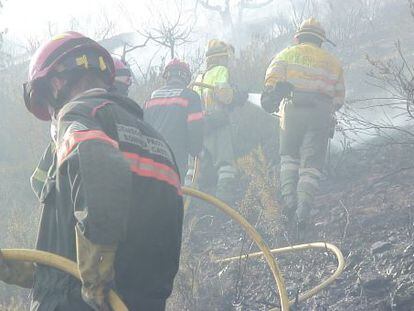 Bomberos extinguen las llamas en La Vall d'Uixó, el pasado domingo.