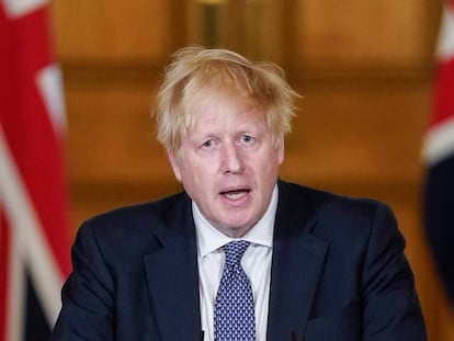 Boris Johnson durante la rueda de prensa en la que ha comunicado que Reino Unido ha pasado el pico de la pandemia de Covid-19. 