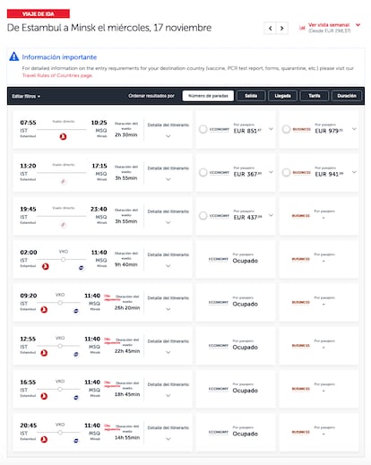 Captura de pantalla de la web de Turkish Airlines donde se aprecia que los vuelos hacia Minsk con escala en Moscú están completos