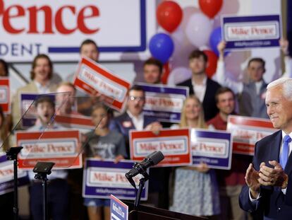 Mike Pence durante el anuncio de su candidatura en Iowa (EE UU), este miércoles.