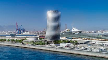 Recreación del hotel Torre del Puerto, en el dique de Levante de Málaga.