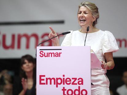 La vicepresidenta segunda del Gobierno, Yolanda Díaz, este domingo en Madrid en el acto de Sumar en el que ha presentado su candidatura a las elecciones generales de diciembre.