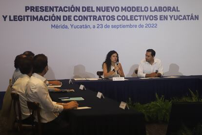 Luisa María Alcalde, secretaria del Trabajo, durante la presentación del Nuevo Modelo Laboral en Mérida, Yucatán (México), el pasado 23 de septiembre.