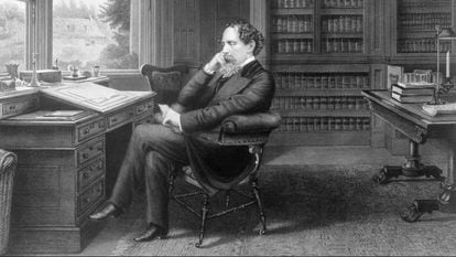 Charles Dickens, en su estudio en Gads Hill Place, Inglaterra. Grabado de Samuel Hollyer, 1875.