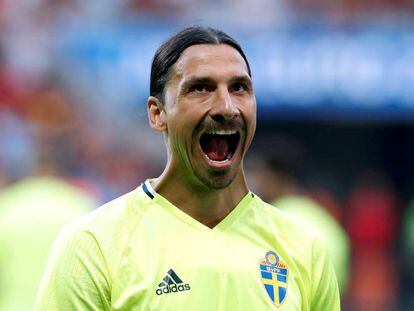 Ibrahimovic se lamenta durante el partido con B&eacute;lgica. 