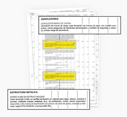 Epígrafes del certificado de obra en 2004 de un local en en Madrid en los que figuran operaciones de envergadura que solo puede autorizar un arquitecto.
