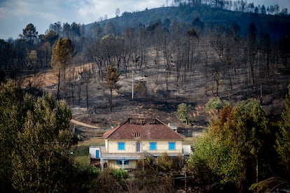 Una vivienda rodeada por el bosque calcinado en la localidad de A Veiga da Cascallá (Ourense), el martes.