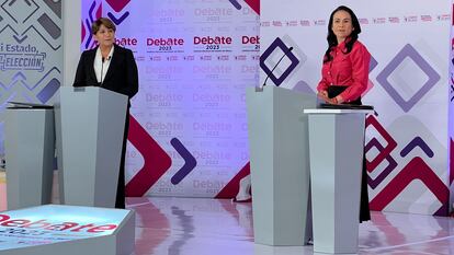Las candidatas a la gubernatura del Estado de México, Delfina Gómez (Morena) y Alejandra del Moral (PRI-PAN), durante el debate de este jueves en Toluca.