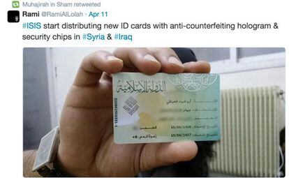 Un tuit de una yihadista en el que se muestra un carné de identidad expedido por el EI.