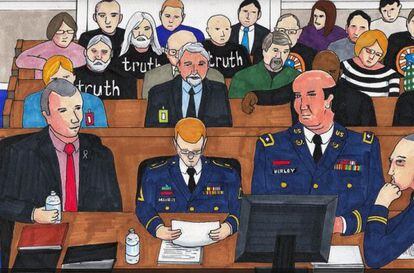 Dibujo del momento en que Manning ha leído su testimonio ante la juez del caso realizado por uno de los periodistas que cubren las audiencias.