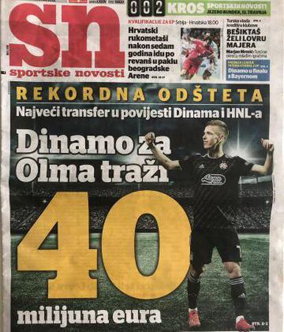 La portada del rotativo croata en la que cifra en 40 millones el precio de Dani Olmo.