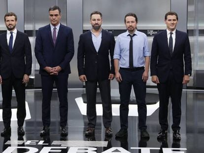 Pablo Casado, Pedro Sánchez, Santiago Abascal, Pablo Iglesias y Albert Rivera, antes del debate electoral. En vídeo, los mejores momentos.