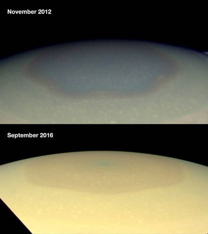 Dos im&aacute;genes que muestran el cambio de color del polo norte de Saturno.