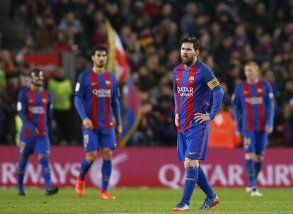 Reacci&oacute;n de Messi tras encajar el Barcelona el gol del Legan&eacute;s.