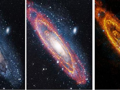 La galaxia vecina Andrómeda, fotografiada en luz visible (izquierda), en rayos XX con  el telescopio <i>XMM-Newton</i> (centro) y en infrarrojo, con el <i>Herschel</i>.