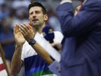 New York (United States), 12/09/2021.- Novak Djokovic of Serbia reacts during the trophy ceremony after losing to Daniil Medvedev of Russia in the men's final match on the fourteenth day of the US Open Tennis Championships at the USTA National Tennis Center in Flushing Meadows, New York, USA, 12 September 2021. The US Open runs from 30 August through 12 September. (Tenis, Abierto, Rusia, Estados Unidos, Nueva York) EFE/EPA/JOHN G. MABANGLO