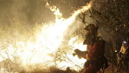 Un bombero trataba de apagar el fuego declarado en Las Hurdes, en Cáceres, en julio.
