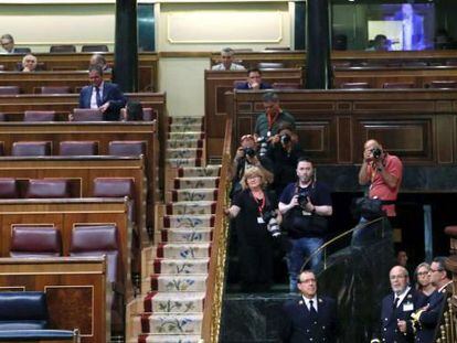 El l&iacute;der de Podemos Pablo Iglesias, durante su intervenci&oacute;n en el Congreso de los Diputados.