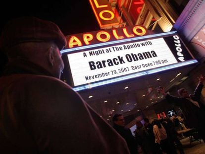 Marquesina del teatro Apollo en Harlem, Nueva York, el 29 de noviembre de 2007, cuando Obama dio un discurso siendo candidato demócrata a la Presidencia.