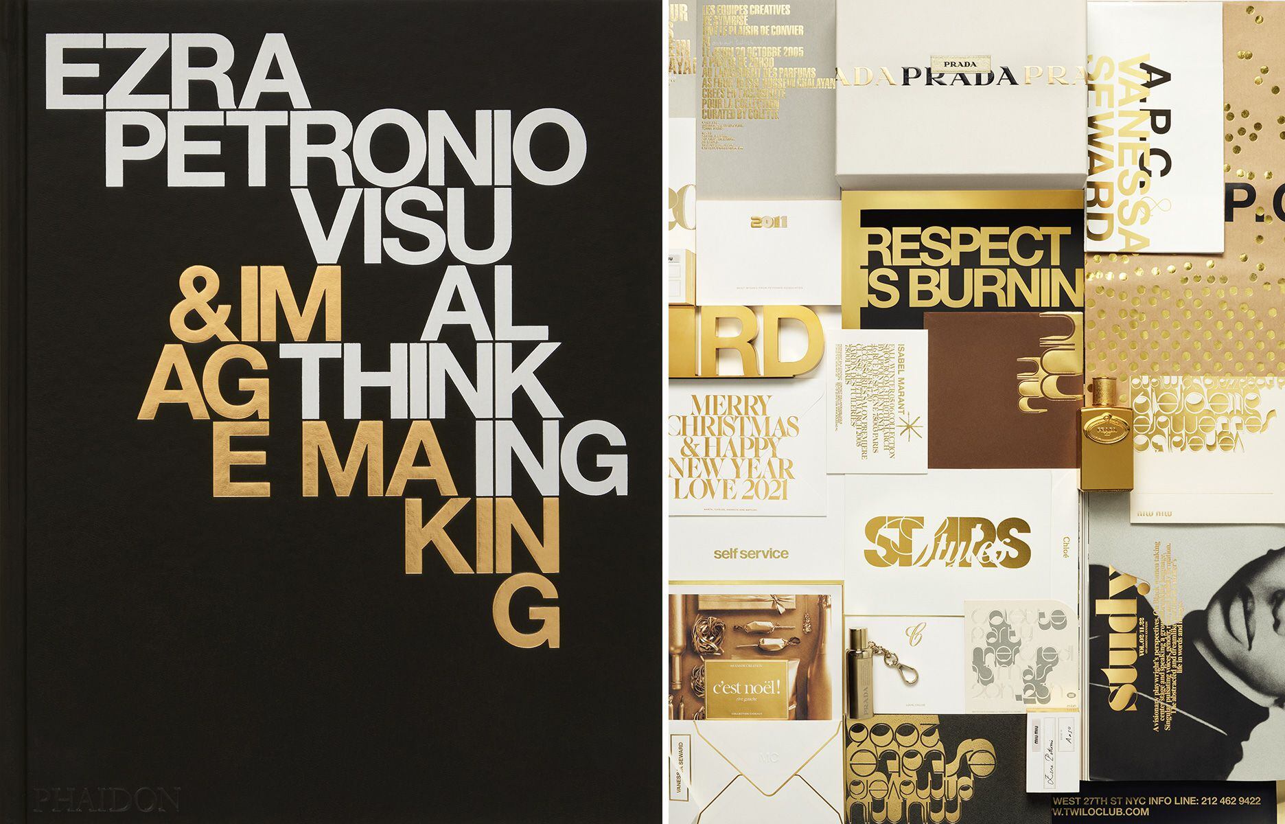 Portada del libro Ezra Petronio. Visual Thinking & Image Maker (Phaidon) y collage con distintos trabajos.