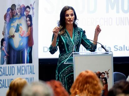 La reina Letizia durante su intervención el pasado martes en el acto institucional del Día Mundial de la Salud Mental, en un hotel de Madrid.