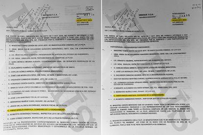 Carátulas de las minutas de las juntas de autoridades mantenidas en Iguala, Guerrero, en octubre de 2014. En amarillo, las fechas y el nombre de García Harfuch.