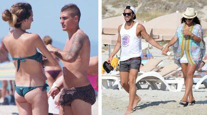 El futbolista Marco Verratti junto a su familia durante sus vacaciones en Formentera. A la derecha, Cesc Fàbregas junto a su mujer en las playas de la isla.