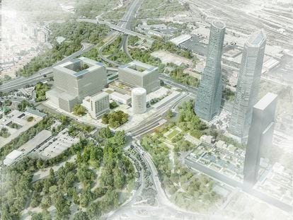 Recreación del futuro Hospital La Paz, junto a las cuatro torres del norte del paseo de la Castellana, en Madrid.