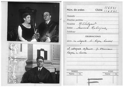 Aurora Rodríguez, con su abogado defensor, Mariano López Lucas, durante el juicio por el asesinato de su hija, Hildegart, a la que asesinó cuando percibió que perdía el control sobre ella. Aurora había formado a su hija, superdotada, para convertirla en el modelo de mujer del futuro.