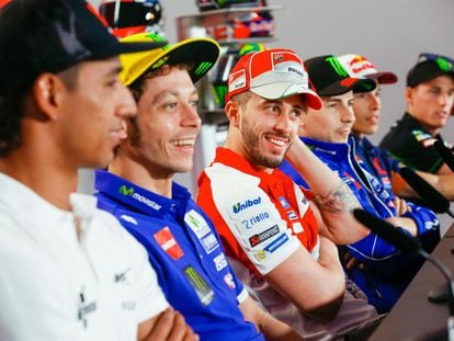 Los pilotos de MotoGP durante la conferencia de prensa de este jueves.