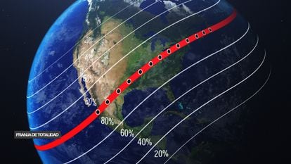 Mapa de la franja de totalidad del eclipse del próximo 8 de abril en Norteamérica.