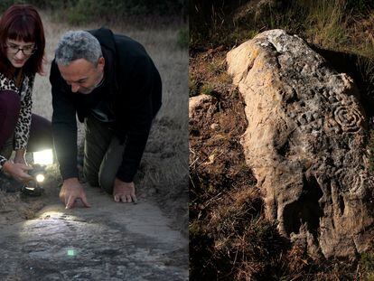 Elisa Rivero y Ernesto Rodrigo, ante uno de los petroglifos hallados. A la derecha, otro de ellos.