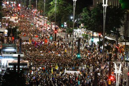 Protesta por el asesinato de la concejala Marielle Franco en la Avenida Paulista de São Paulo (Brasil), el 15 de marzo de 2018. 