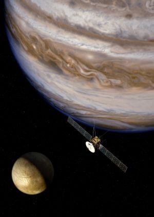 Ilustración de la sonda de la futura misión europea JUICE junto al planeta Júpiter y una de sus lunas. 