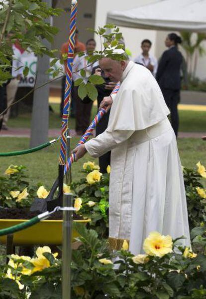 El papa Francisco siembra un árbol en Villavicencio.