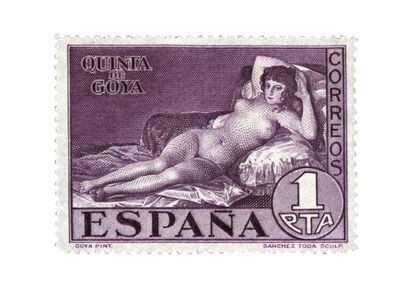 Sello de una peseta con La maja desnuda, de Goya. 1930.
