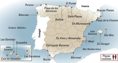 Mapa con algunas de las playas nudistas de España.