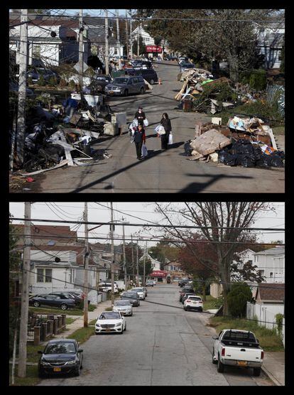 Vista del barrio de New Dorp en Staten Island (New York) tras el paso de Sandy en 2012 y en la actualidad.