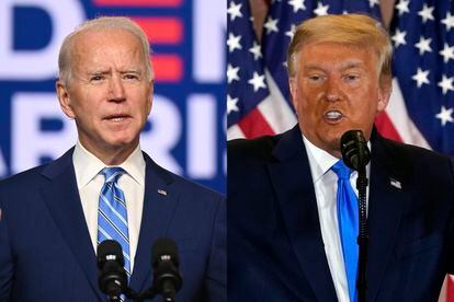 Joe Biden y Donald Trump comparecen en Delaware y Washington, respectivamente, tras las elecciones. / JIM WATSON (AFP) / CARLOS BARRIA (REUTERS)