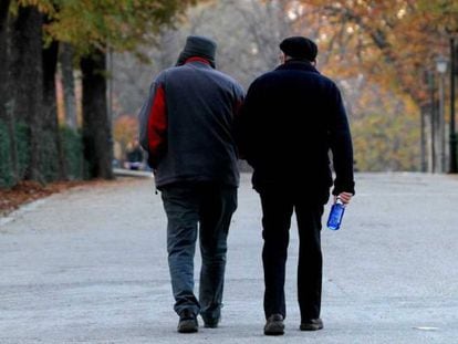 Dos jubilados pasean por el Parque del Retiro en Madrid. 