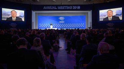 Intervención en vídeoconferencia del secretario de Estado de EE UU, Mike Pompeo, durante el Foro Económico Mundial en Davos, el pasado 22 de enero.    i