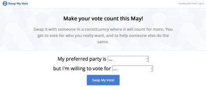Pantalla de inicio de la web de intercambio de votos Swap My Vote.